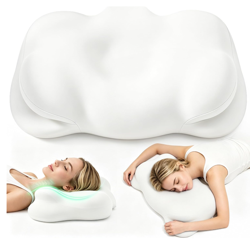 Cxndvq Ergonomic Cloud-Shaped Memory Foam Neck Support Pillow, Dual-Height Cervical Pillow with Breathable Removable Washable Cover, Soft Supportive Pillow for Side, Back and Stomach Sleepers, White, Medium